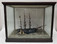 Vintage Wooden Model Sailing Ship in Display Case