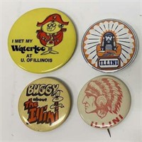 Lot of 4 Vintage Fighting Illini Pinback Buttons