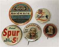Lot of 5 Vintage Advertising Pinback Buttons