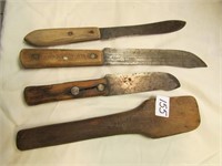 3 Butcher Knives & Primitive Wood Spat