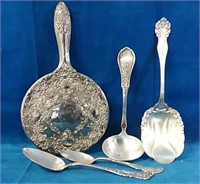 Four antique silver plate spoons and mirror