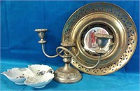 Brass plaque, candle holder and serving dish