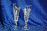 pair of vintage crystal etched vases