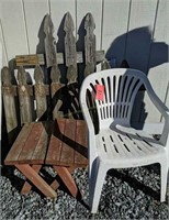 Redwood Style End Tables, Plastic Chair, Wood