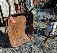 Wheelbarrow, Metal Chair, Tomato Cages Etc