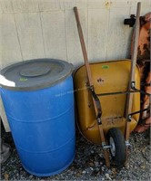 Yellow Wheelbarrow, Blue Plastic Barrel