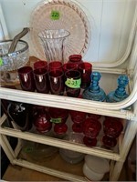 3 Shelves Of Ruby Glass, Depression Glass Etc