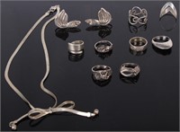 MEXICAN STERLING SILVER NECKLACE, RINGS, & PINS