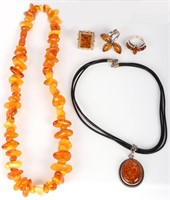 STERLING SILVER AMBER NECKLACES & RINGS - LOT OF 5