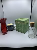 Covered jar, candle warmer, red vase, jar