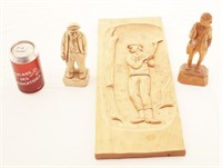 Gravure sur bois et 2 sculptures Caron