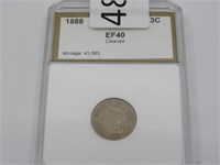 1888 - 3 Cent Coin Graded EF 40 ***Tax Exempt***