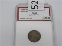 1909-S Lincoln Wheat Cent Graded EF 45