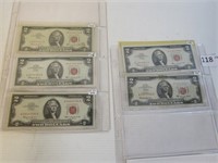 Lot of 6 - 1963 Red Seal $2 Bills, Nice Shape