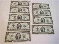 Lot of 9 - 1976 $2 Consecutive Numbered Notes