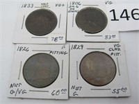 Lot of 4 Early US Half Cent Coins, 1806, 1826,