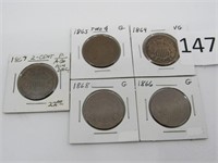 Lot of 5 US 2 Cent Coins,1864, 1865, 1867,