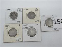 Lot of 5 US Seated Liberty Dimes, 1853, 1856,
