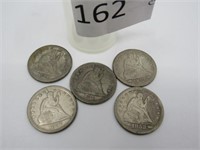 Lot of 5 Seated Liberty Quarters, 1877, 1857,