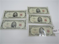 Lot of 5 US $5 Red Seal Notes  ***Tax Exempt***