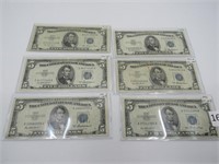 Lot of 6 - 1953 $5 Silver Certificates