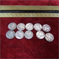 (10) US COINS. 90% SILVER. MERCURY DIMES.