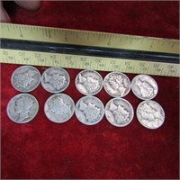 (10) US COINS. 90% SILVER. MERCURY DIMES.