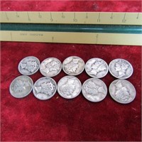 (10) US COINS. 90% SILVER. MERCURY DIMES.