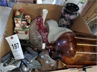 BOX OF MISC. ITEMS- BROWN GLASS JUG-