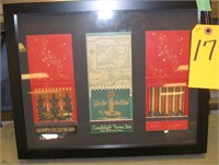 DISPLAY WITH 3 ANTIQUE YULE LOG MATCH BOOKS
