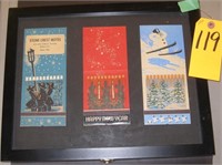 DISPLAY WITH 3 ANTIQUE YULE LOG MATCH BOOKS