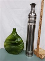 Green Glass Swirl Vase & Metal Vase