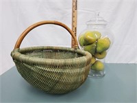 Green Basket w/handle & Glass Jar of Pears