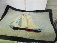 OLD HOOKED RUG WITH SAILBOAT