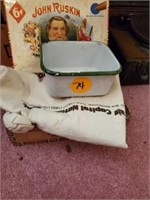 OLD CIGAR BOX, BANK BAG AND ENAMEL PAN (SMALL)