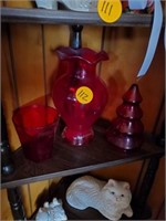 SHELF OF RED GLASS - VASE, CANDY TREE
