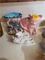 OLD ANIMAL PLANTERS AND CAT FIGURINE