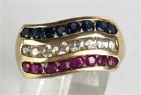 14K Gold Ring with Red, White & Clear Stones