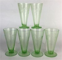 Etched Vaseline Glass Footed Tumblers