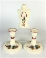 Fenton Hand Painted Angel Figurine & Candlesticks