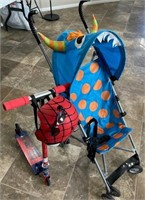 115 - MONSTER STROLLER & SPIDERMAN SCOOTER/HELMET