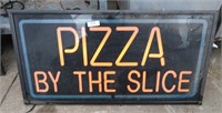 illuminated pizza by the slice sign