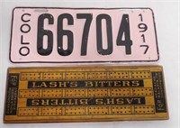Lash's Bitters wooden game board & 1917 Colorado l