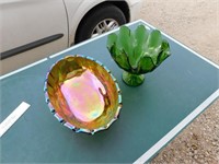 CARNIVAL GLASS FRUIT BOWL & GREEN COMPOTE