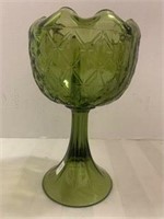 Green Glass Pedestal Candy Dish w/ Fluted Top