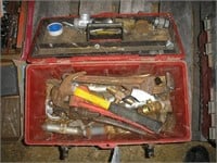 RED PLUMING TOOL BOX, WRENCHS & MISC.