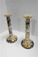 PAIR OF QUIMPER CANDLE STICK HOLDERS ONE AS FOUND