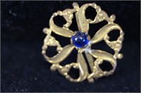 Vintage  Gold Tone Brooch with Blue Stone