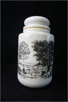 Vintage Milk Glass Storage Jars with Country Scene