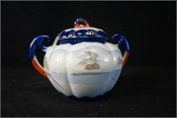 Vintage 2 Handle Blue Porcelain Sugar Dish w/ Lid